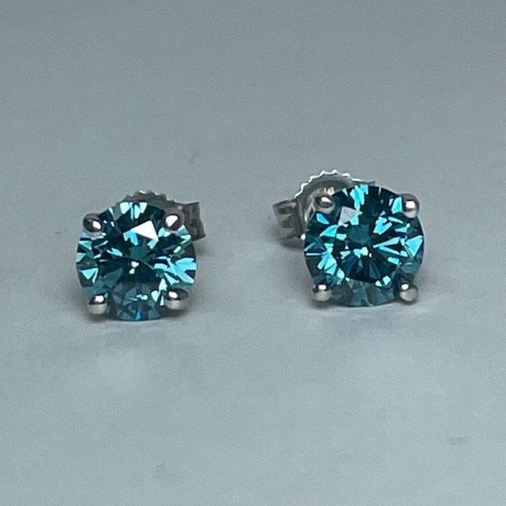 Blue Diamond Stud Earrings 1.24ct Round Lab Grown 14K White Gold IGI Certified